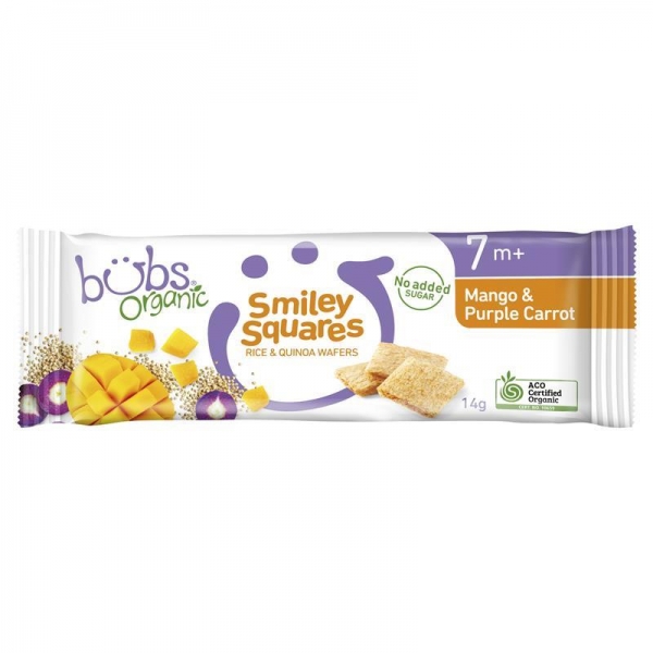 Bubs Organic Smiley Squares Mango & Purple Carrot 7 Months+ 14g