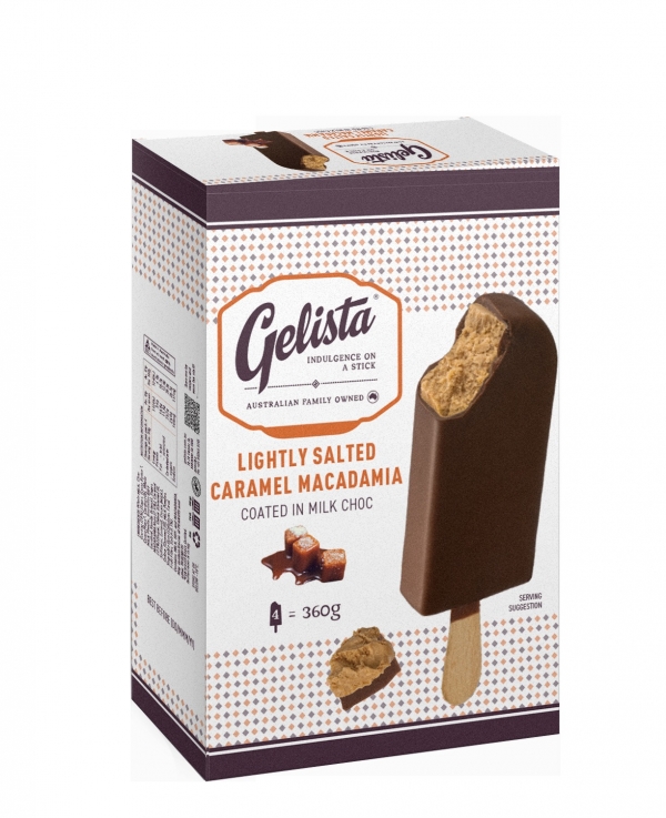 Gelista Lightly Salted Caramel Macadamia Sticks Coated In Milk Choc 4 Pack 360g