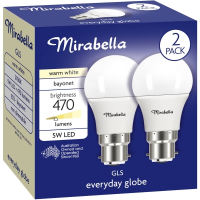 Mirabella Globe LED Bayonette Warm White 5W 2 Pack
