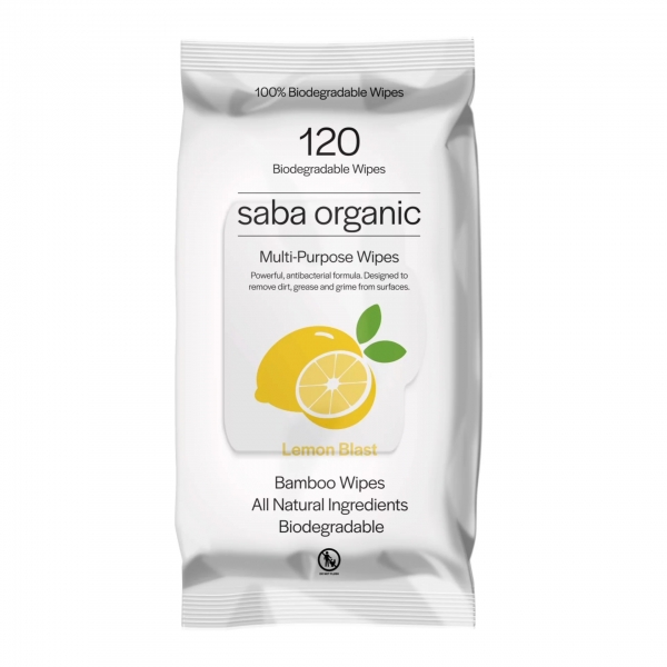 Saba Organic Bamboo Multi-Purpose Wipes Lemon Blast 120 Pack