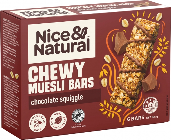 Nice & Natural Muesli Bars Chewy Chocolate Squiggle 6 Pack 185g